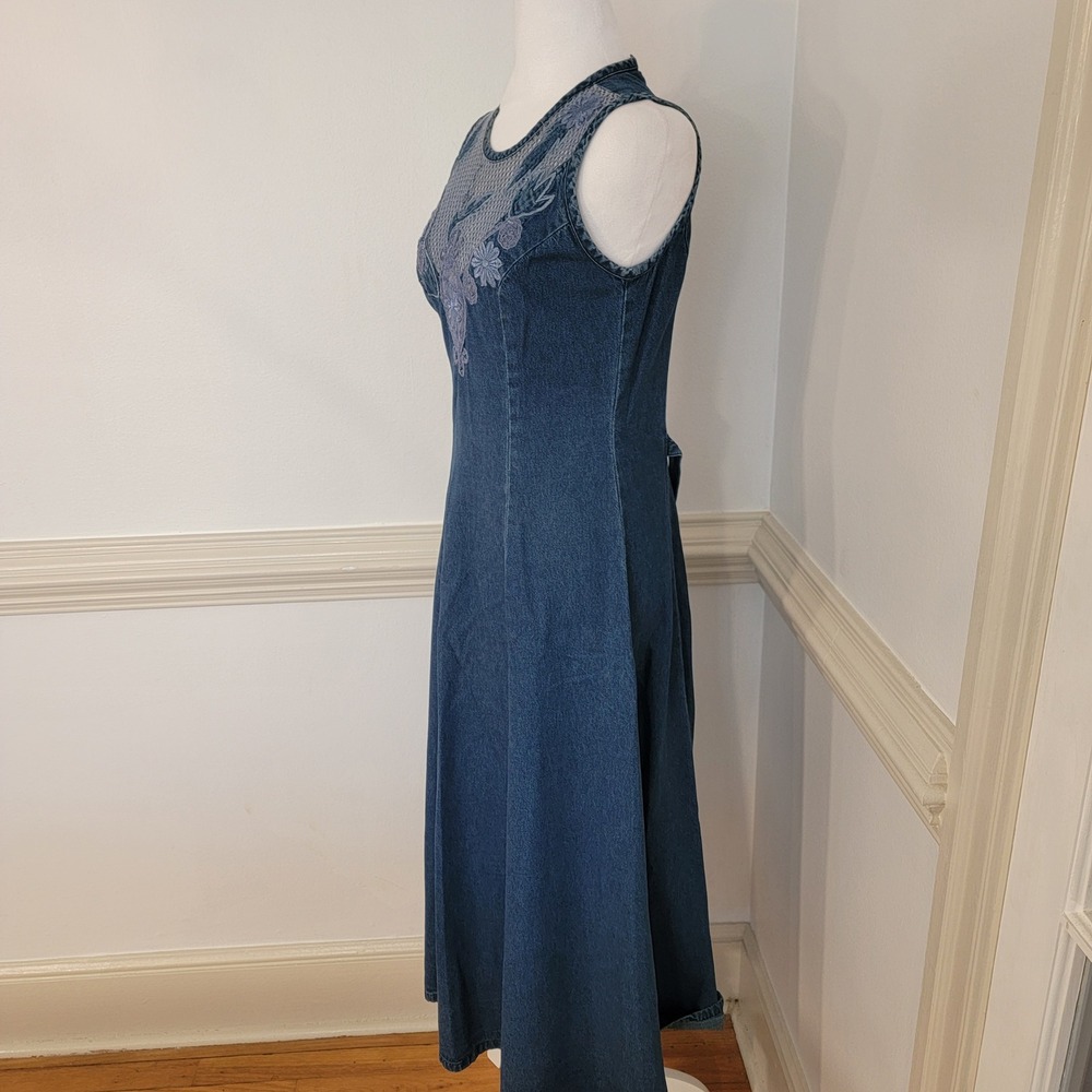 Vintage Styleworks Denim Maxi Dress Blue Embroidered Mesh Floral Boho Women's 4 - Picture 3 of 12